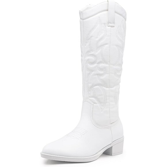 Women's White Tall Cowboy Boots Knee High Cowgirl Low Heel Comfy Boot - Picture 1 of 8